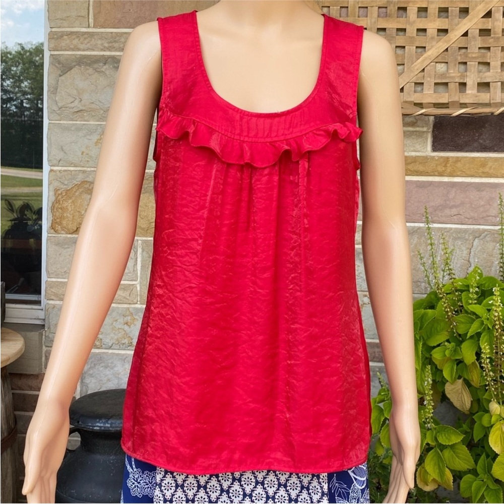 LOFT Crinkle Satin Ruffle Neck Tank Top